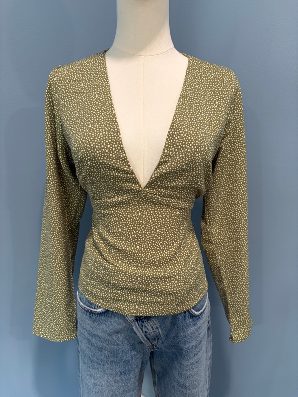 Abercrombie & Fitch Olive Green Polka Dot Deep V Blouse Size M